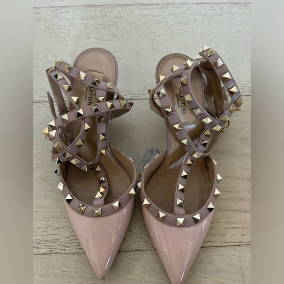 Valentino Rockstud Caged Pumps Poudre Patent Leather Size 36.5 Pointed Toe Heels - Picture 6 of 12
